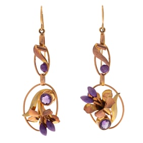Pair of Amethyst, Enamel, 14k Earrings