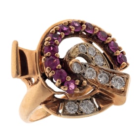 Retro Diamond, Synthetic Ruby, 14k Rose Gold Ring