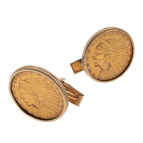 Pair of U.S. $2.50 Indian Head Quarter Eagle Gold Coin, 14k Cufflinks
