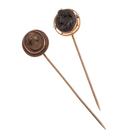 Pair of Victorian Lava Cameo, Seed Pearl, 14k Stickpins