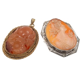 Collection of Two Agate, Shell Cameo Pendants