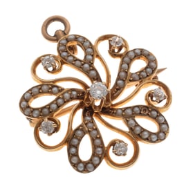 Victorian Diamond, Seed Pearl, 14k Yellow Gold Pin Pendant