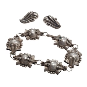 Sterling Modernist Bracelet with Pair of Los Castillo Ear Clips