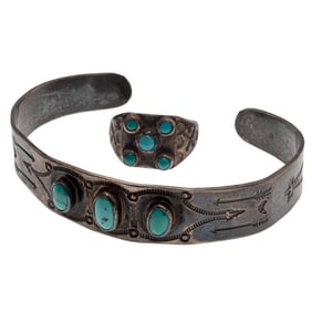Fred Harvey Era Turquoise, Sterling Silver Cuff Bracelet and Ring