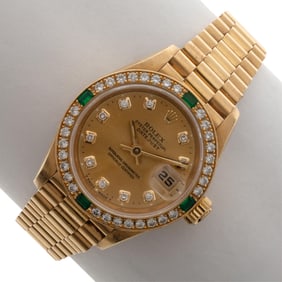 Ladies Diamond, Emerald, 18k Rolex Wristwatch, Ref 69078