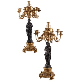 Pair of Louis XV Style Gilt and Spelter Candelabra, After Moreau