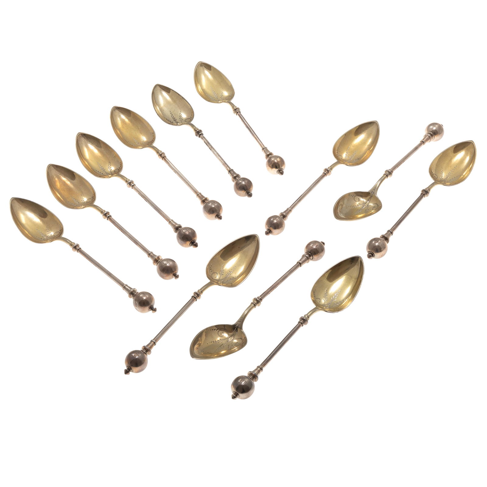 George Sharp Coin Silver Tea Spoons: George Sharp Coin Silver Tea SpoonsA set of twelve.Each with ball finial and bright cut foliate decoration to the bowl, with gold wash.Stamped Patent 1866.Bailey & Co.(Retailer) Philadelphia 1840-1889