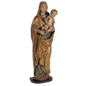 Continental, Possibly Italian Gilt and Painted, Carved Wood Statue of Mary and the Infant Jesus.