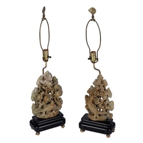 Pair of Chinese Soapstone Plaques, Now Fitted as Lamps