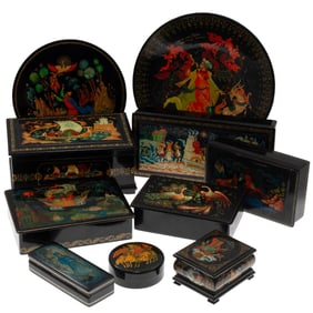 A Collection of Russian Lacquer Boxes and Trays