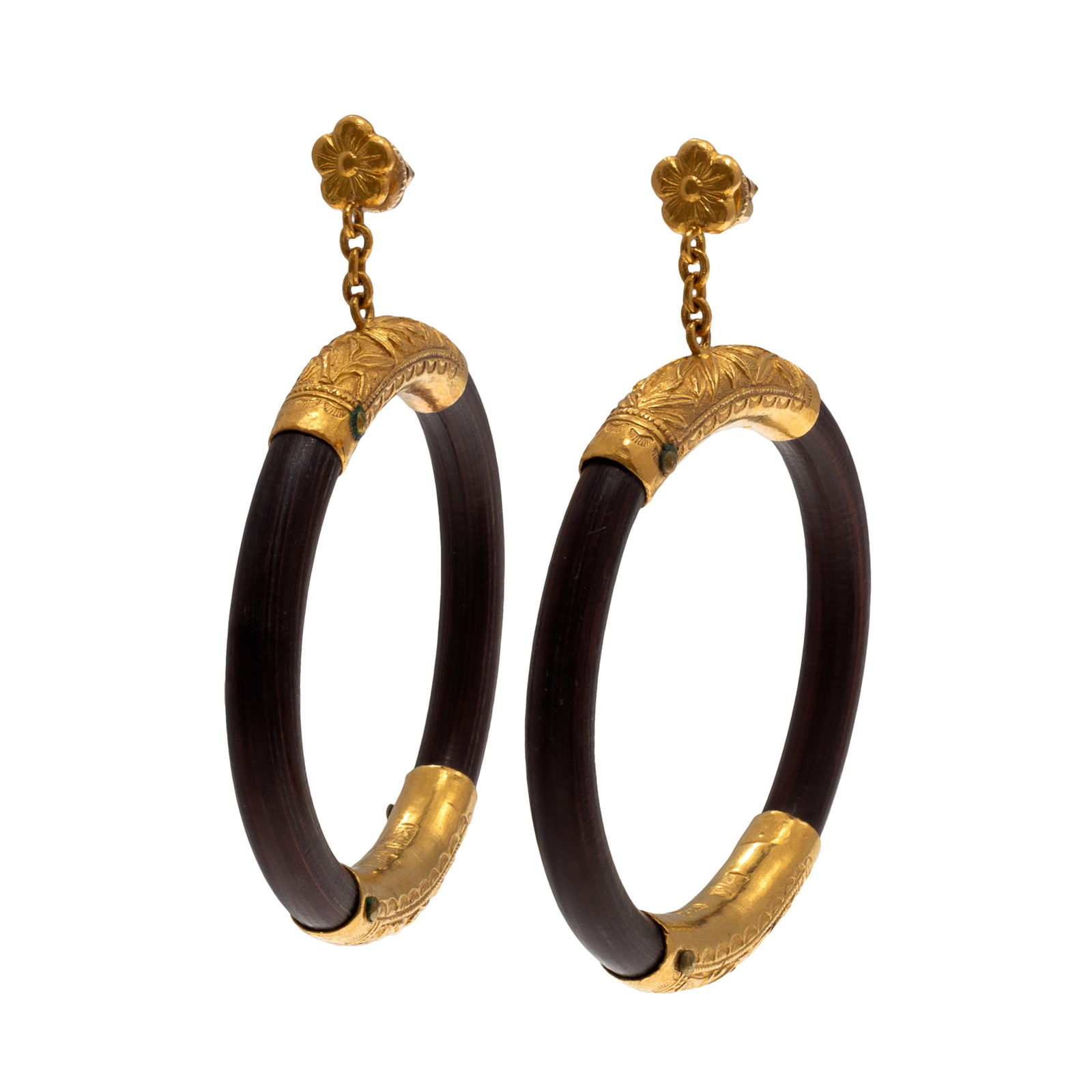 Pair of Chinese Hardwood, 22k Gold Hoop Earrings (1 of 4)