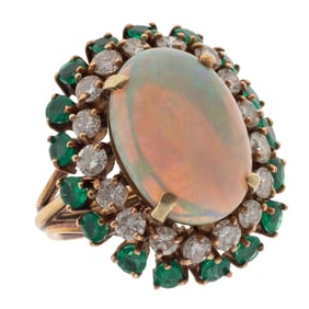 Opal, Diamond, Emerald, 14k Ring