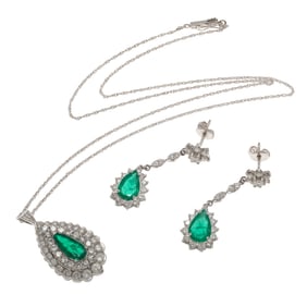 Emerald, Diamond, 14k White Gold Jewelry Suite