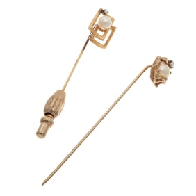 Collection of Two Diamond, Cultured Pearl, 14k Stickpins