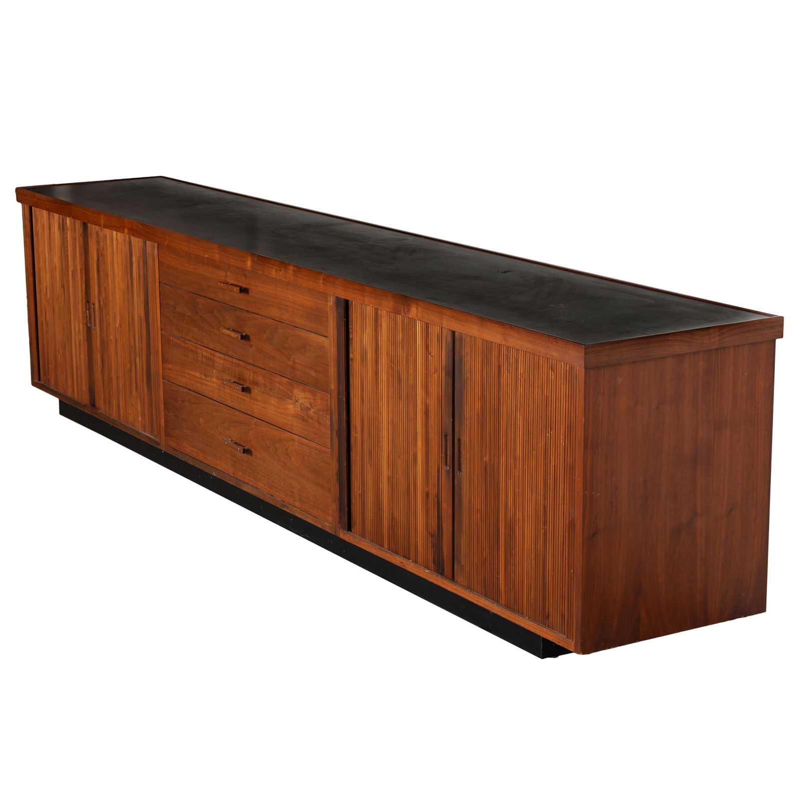 Glen of California Mid Century Credenza: Glen of California Mid Century CredenzaThe ebonized composite or Formica top above four long drawers flanked ty tambour doors.27in (60cm) h. 109in (276cm) l. 19in (49cm) w.Condition: Good. Minor scuff