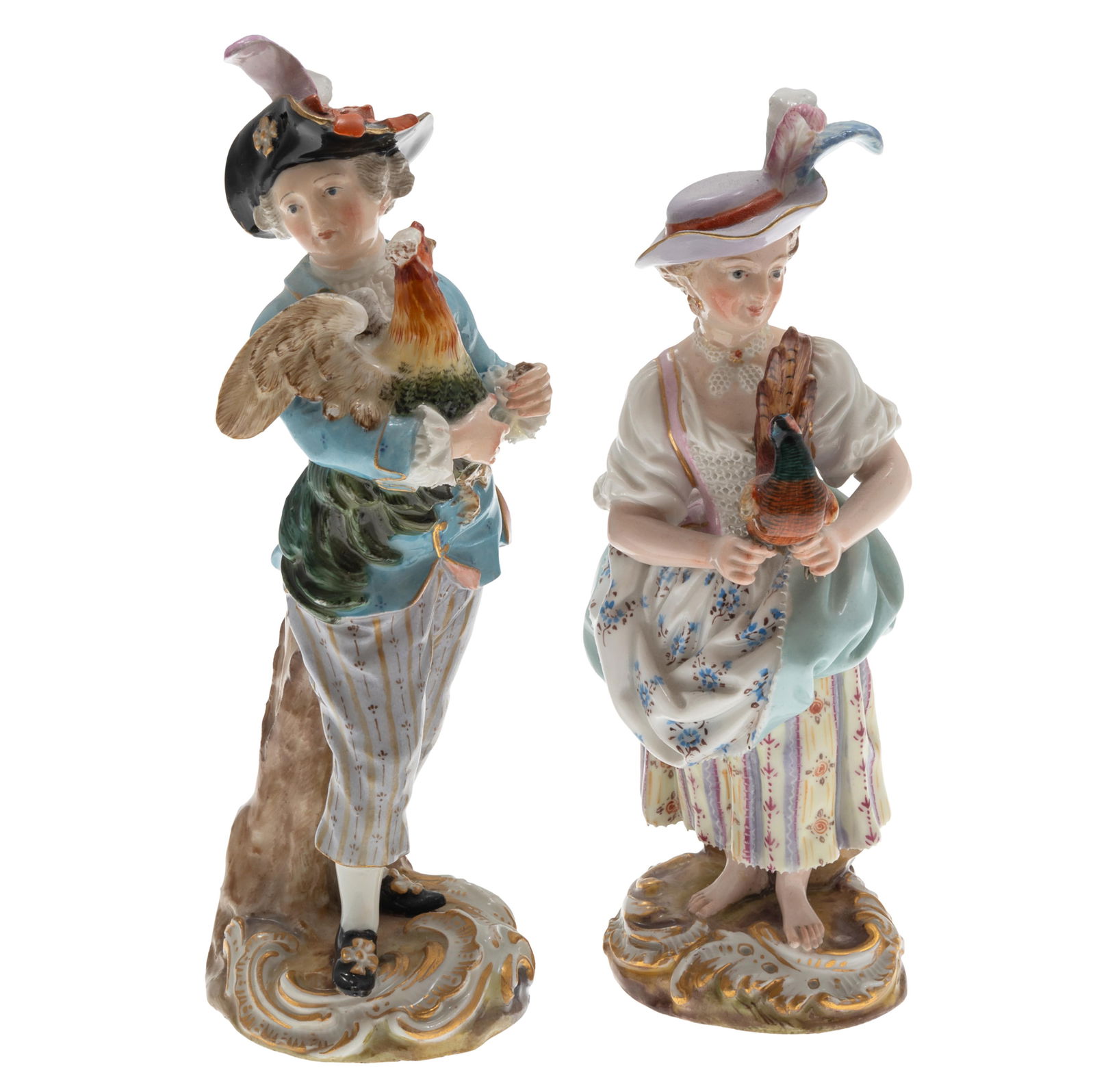 A Pair of Meissen Porcelain Figures: A Pair of Meissen Porcelain FiguresGermany Late 19th/early 20th century.A young man wearing a floral trimmed had, blue jacket with lace cuffs and stripped trousers holding a rooster and a young woman