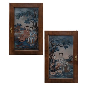 Pair of Chinese Reverse Painted Glass Panels, Qing Dynasty, Late 18th/Early 19th Century