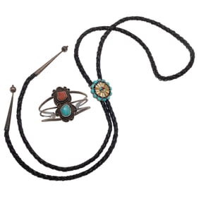 Navajo Coral, Turquoise Cuff with Zuni Multi-Stone Bolo Tie