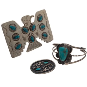 Three Southwest-style Turquoise, Silver Jewelry Items