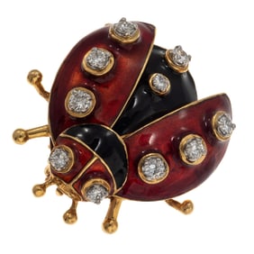 Diamond, Enamel, 18k Yellow Gold Ladybug Pin