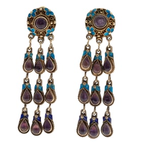 Pair of Chinese Export Amethyst, Enamel, Gilt Earrings