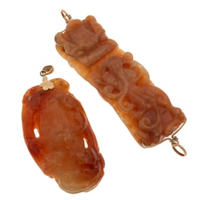 Collection of Two Carved Jade, 14k Pendants