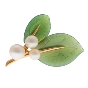 Cultured Pearl, Nephrite, 14k Pin, Gump's