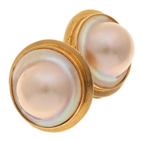 Pair of Mabe Pearl, 14k Yellow Gold Earrings