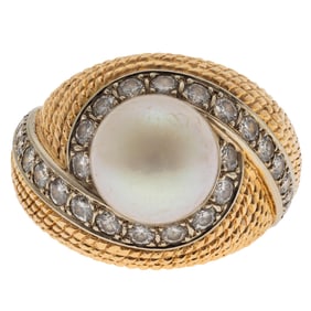 Cultured Pearl, Diamond, 14k Yellow Gold Ring