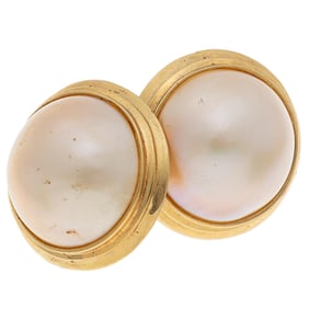 Pair of Mabe Pearl, 14k Yellow Gold Earrings