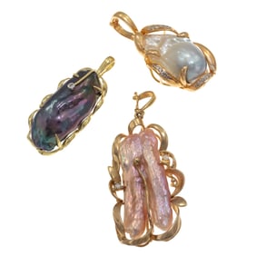 Collection of Three Freshwater Cultured Pearl, Diamond, 14k Enhancer Pendants