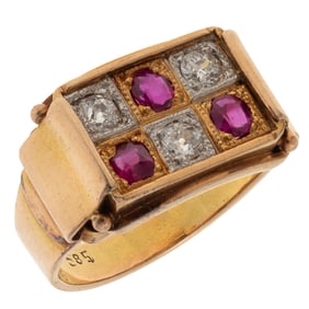 Retro Diamond, Ruby, 14k Yellow Gold Ring