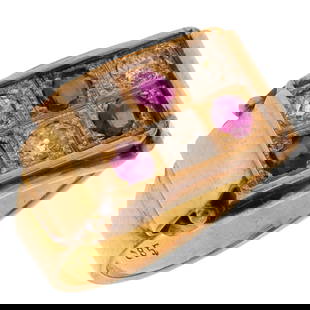 Retro Diamond, Ruby, 14k Yellow Gold Ring: Retro Diamond, Ruby, 14k Yellow Gold RingFeaturing three old European-cut diamonds weighing a total of approximately 0.25 cttw., accented by three oval-cut rubies weighing a total of approximately 0.3