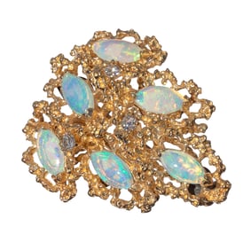 Opal, Diamond, 14k Yellow Gold Pin