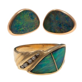 Boulder Opal, Diamond, 14k Yellow Gold Jewelry Suite