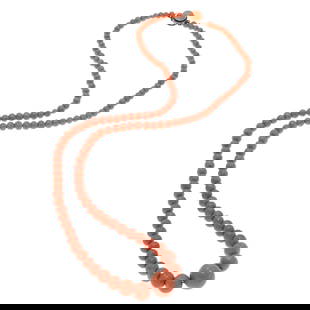 Victorian Coral, Silver Necklace: Victorian Coral, Silver NecklaceComposed of one hundred thirty-one near round coral beads measuring from approximately 11.6 to 3.8 mm, completed by a silver box clasp accented by one additional coral