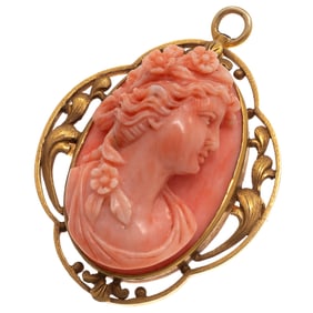 Coral Cameo, 18k Yellow Gold Pin Pendant