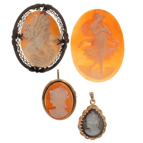 Collection of Four Gold, Silver Cameos