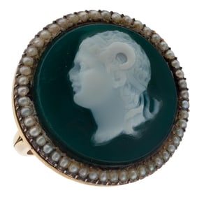 Hardstone Cameo, Seed Pearl, 14k Yellow Gold Ring