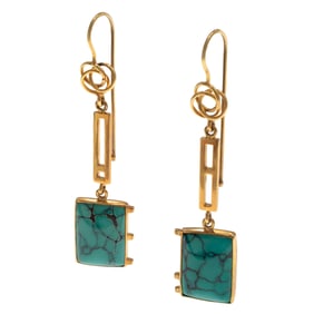 Pair of Turquoise, 14k Yellow Gold Earrings