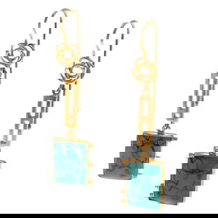 Pair of Turquoise, 14k Yellow Gold Earrings: Pair of Turquoise, 14k Yellow Gold EarringsThe 14k yellow gold earrings, each featuring a rectangular turquoise tablet suspended by an articulated mounting measuring approximately 2 1/2 inches in leng