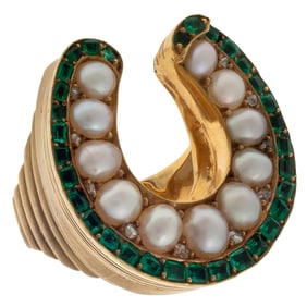 Emerald, Diamond, Split Pearl, 14k Horseshoe Ring