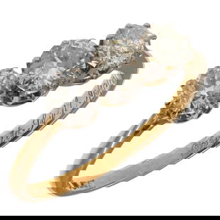 Diamond, Platinum, 18k Yellow Gold Ring: Diamond, Platinum, 18k Yellow Gold RingFeaturing three old European-cut diamonds weighing a total of approximately 1.15 cttw., set in a platinum, 18k yellow gold ring mounting, size 8 1/4. Engraved to
