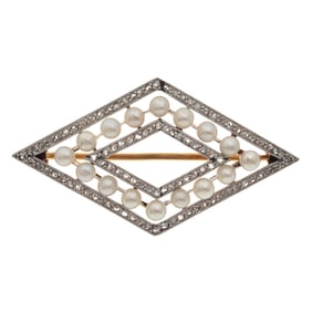 Edwardian Diamond, Pearl, Platinum, 18k Pin