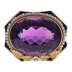 Edwardian Amethyst, Seed Pearl, Enamel, 14k Pin