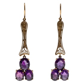Pair of Amethyst, 14k Yellow Gold Earrings