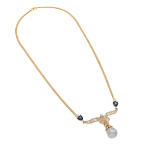 Diamond, Sapphire, Cultured Pearl, 18k Yellow Gold Necklace