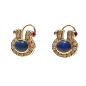 Pair of Sapphire, Diamond, Ruby, 14k Yellow Gold Earrings