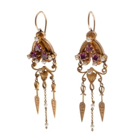 Pair of Rhodolite Garnet, Pearl, 14k Earrings
