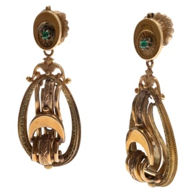 Pair of Diamond, Emerald, 14k Yellow Gold Earrings